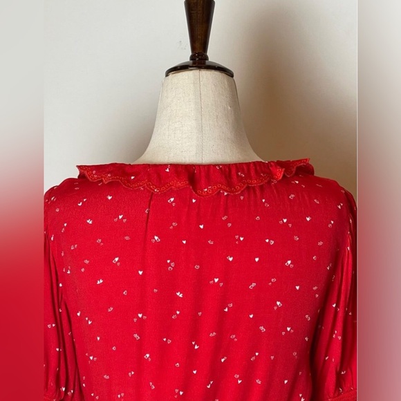 Aritzia Sunday Best Taryn Red with Pink/White Hearts Print Blouse EUC - Picture 8 of 13